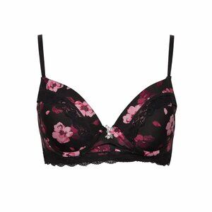 Laura Ashley 36B Lace-Trim Floral Underwire Bra – Black & Pink